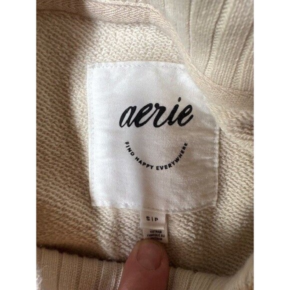 Aerie Down To Earth "CHEERS" Oversized Fleece Crew Sweatshirt Soft Oat SML EUC - Picture 3 of 7